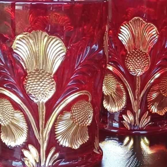 Vintage Mosser Red & Gold Inverted Thistle Pitcher, Tumblers, Cream & Sugar Set - Picture 5 of 7